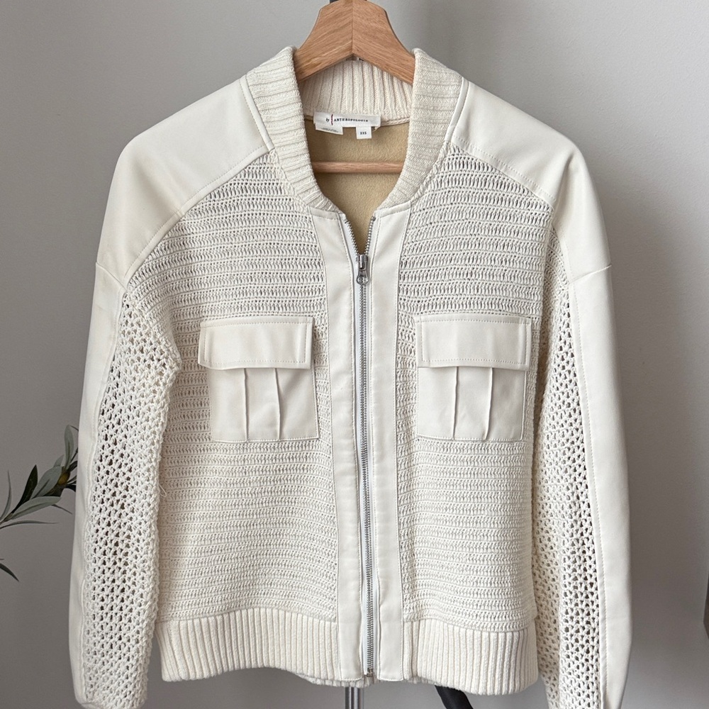 Anthropologie Cream Crochet-Panel Bomber Jacket